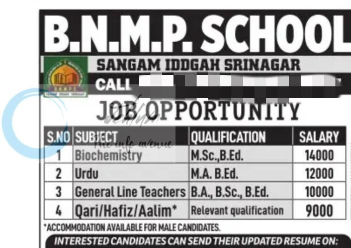 BNMP School Srinagar teaching job opportunities 2026