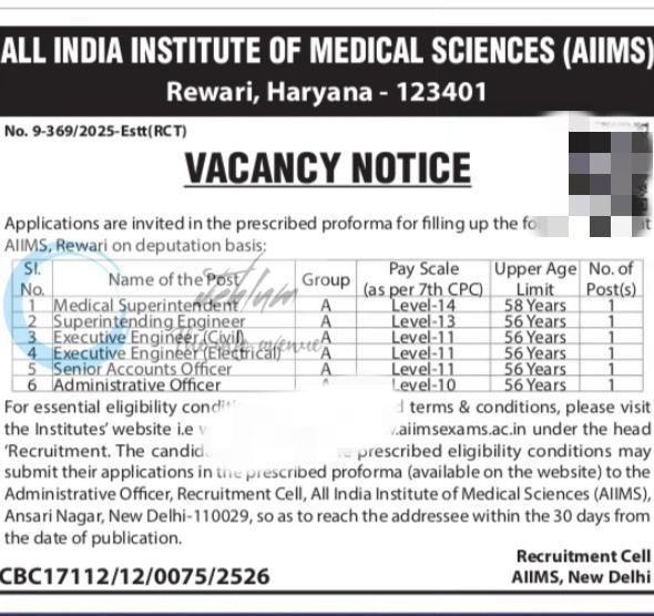 All India Institute of Medical Sciences AIIMS Rewari Medical Superintendent/ Superintending Engineer/Executive Engineer employment opportunities notice 9-369/2025-Estt/RCT