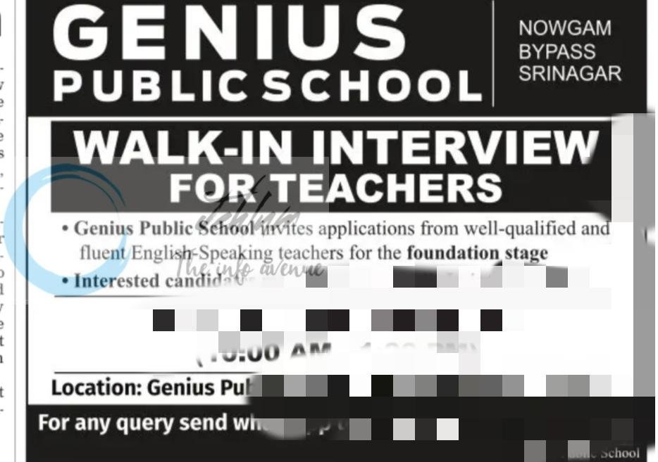 Genius Public School srinagar teaching job opportunities notice 2026