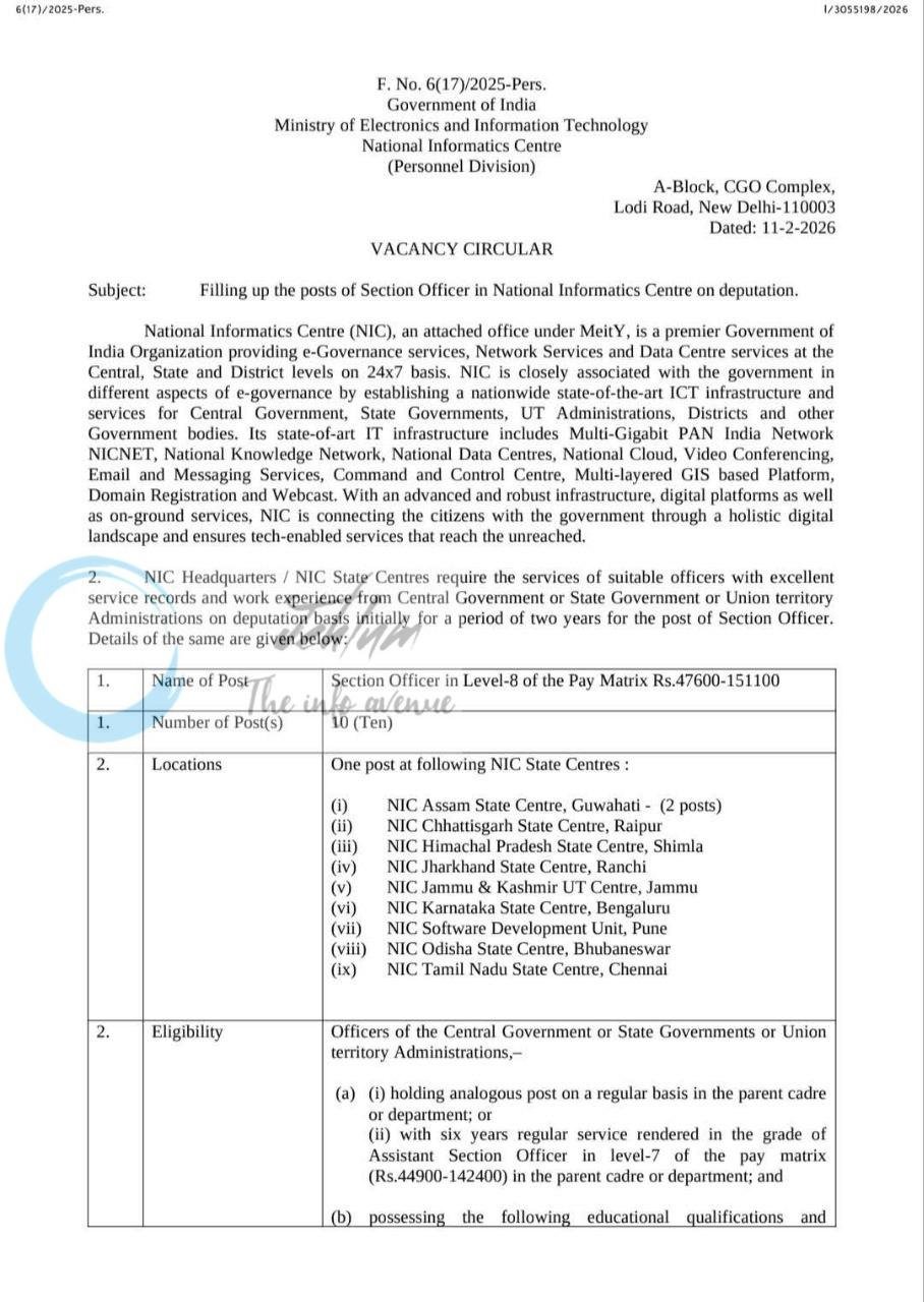 National Informatics Centre NIC New Delhi Section Officer employment opportunities notice 6/17/2025-Pers