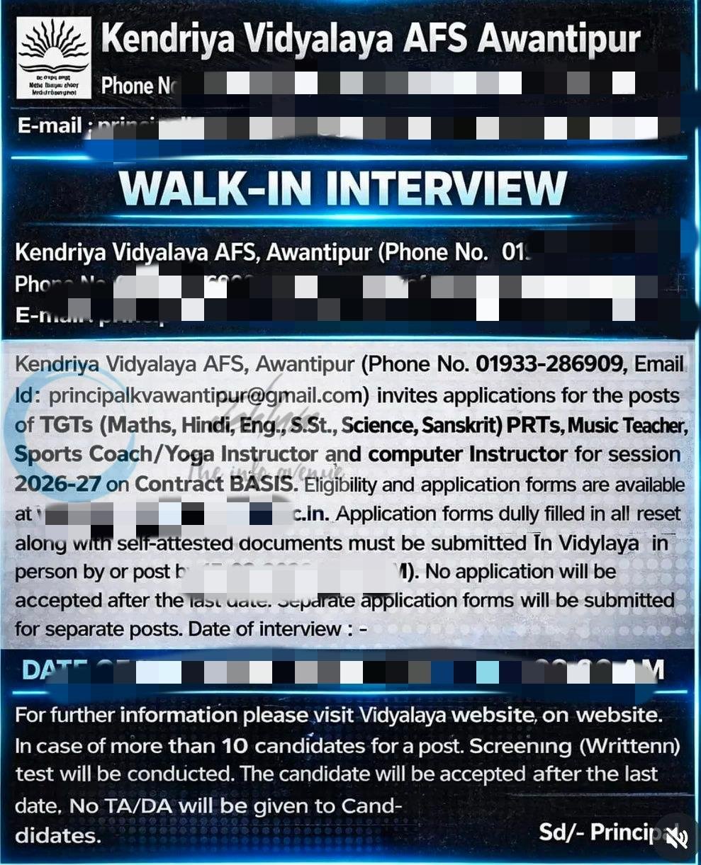 Kendriya Vidyalaya KVAWS Awantipur teaching job opportunities 2026
