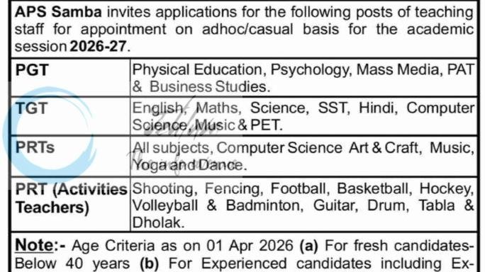 Army Public School APS Samba Jobs Vacancies Advt 2026