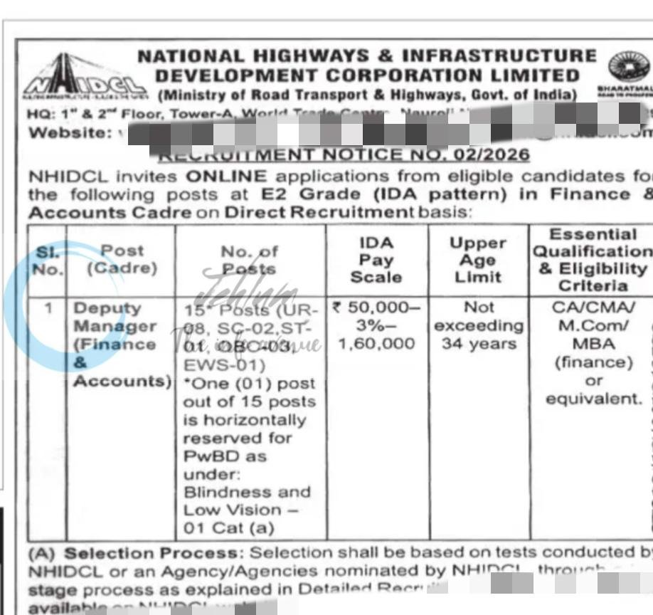 National Highways and Infrastructure Development Corporation Limited NHIDCL New Delhi Deputy Manager employment opportunities notice 02/2026