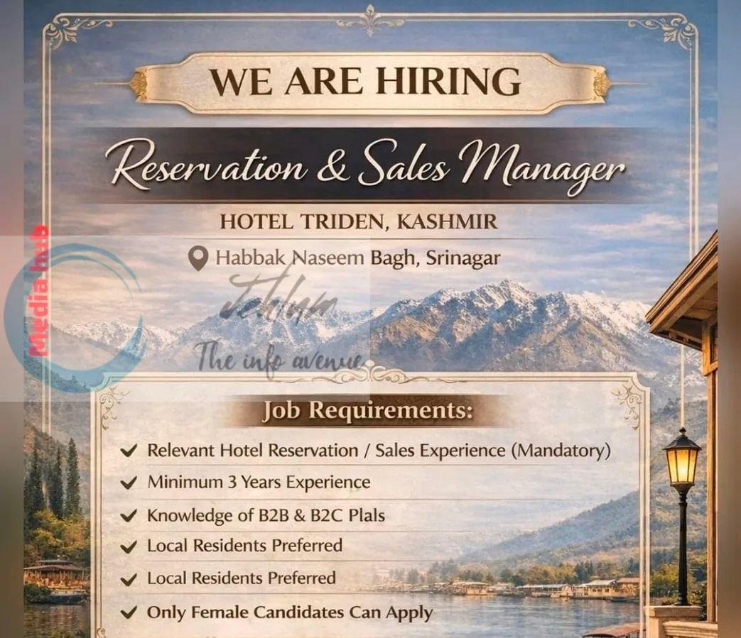 Hotel Triden Srinagar Reservation and Sales Manager job opportunities 2026
