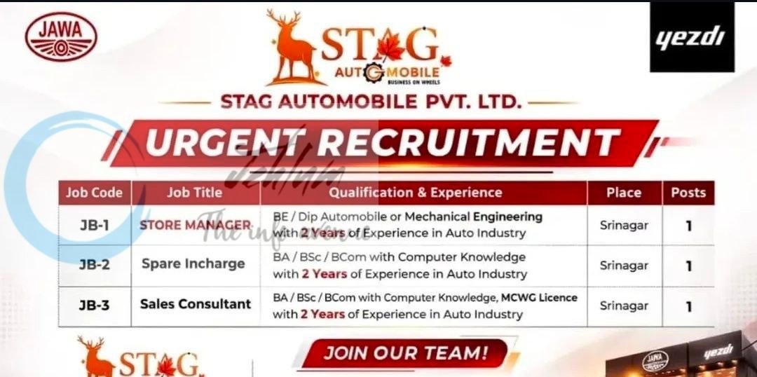 Stag Automobile Pvt Ltd Srinagar Store Manager Spare Incharge job opportunities 2026