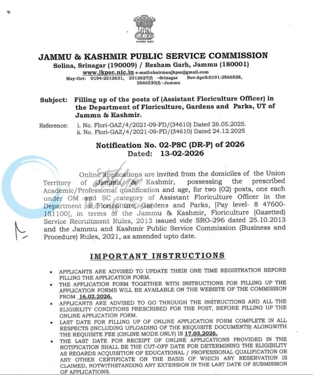 Jammu and Kashmir Public Service Commission JKPSC Srinagar Assistant Floriculture Officer employment opportunities notice 02-PSC DR-Pof 2026