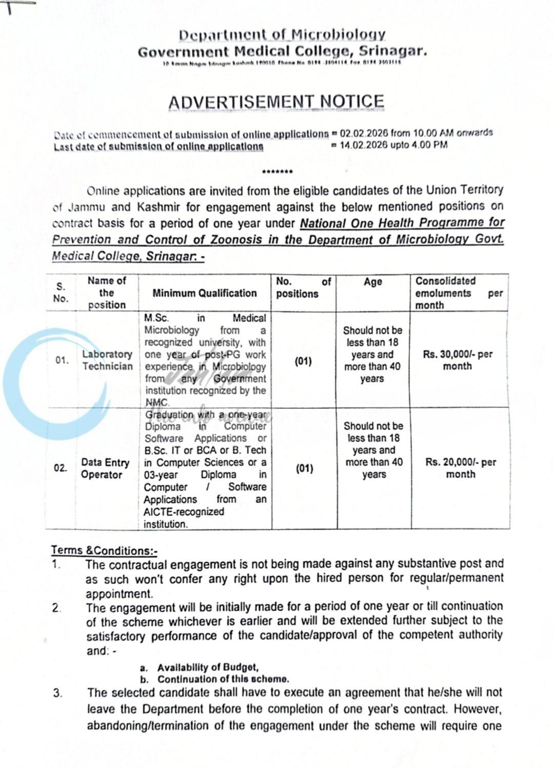 Govt Medical College GMC Srinagar Laboratory Technician/ Data Entry Operator Jobs Advertisement Notice No Micro/HOD/2026/1182-89