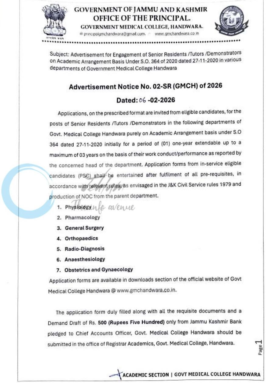 Govt Medical College GMCH Handwara Advertisement Notice No 02-SR of 2026