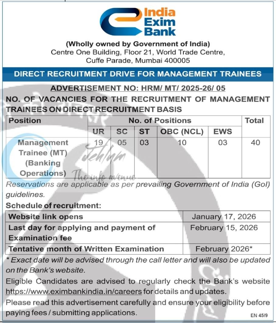 India Exim Bank Management Trainee Recruitment Advt Notice HRM/ MT/ 2025-26/ 05