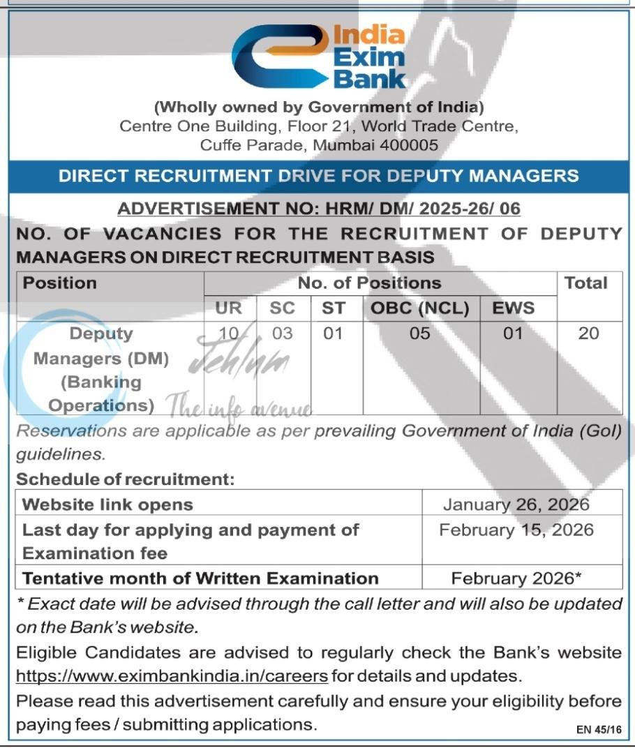 India Exim Bank Deputy Managers Recruitment Advt Notice HRM/ DM/ 2025-26/ 06