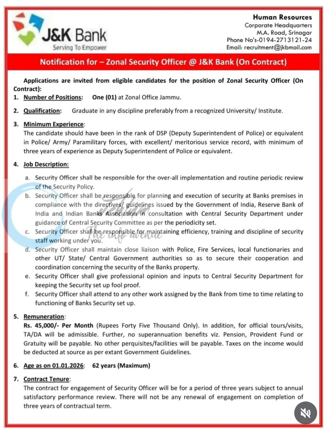Jammu and Kashmir Bank JK Bank Jammu Zonal Security Officer Recruitment Advt Notice JKB/HR/Rectt/2026-57