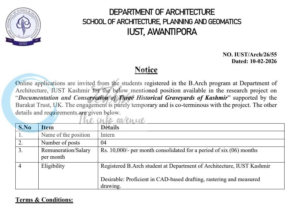 Islamic University of Science & Technology IUST Awantipora Deptt of Architecture Research Intern Recruitment Advt Notice IUST/Arch/26/55