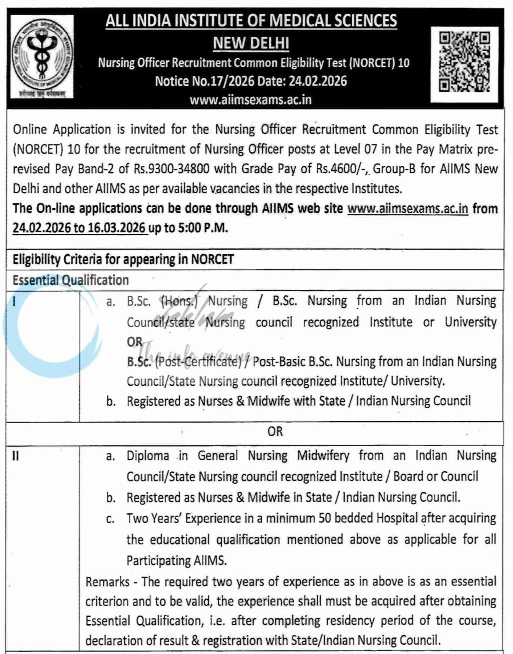 All India Institute of Medical Sciences AIIMS Nursing Officer Common Eligibility Test NORCET Advertisement Notice No 17/2026