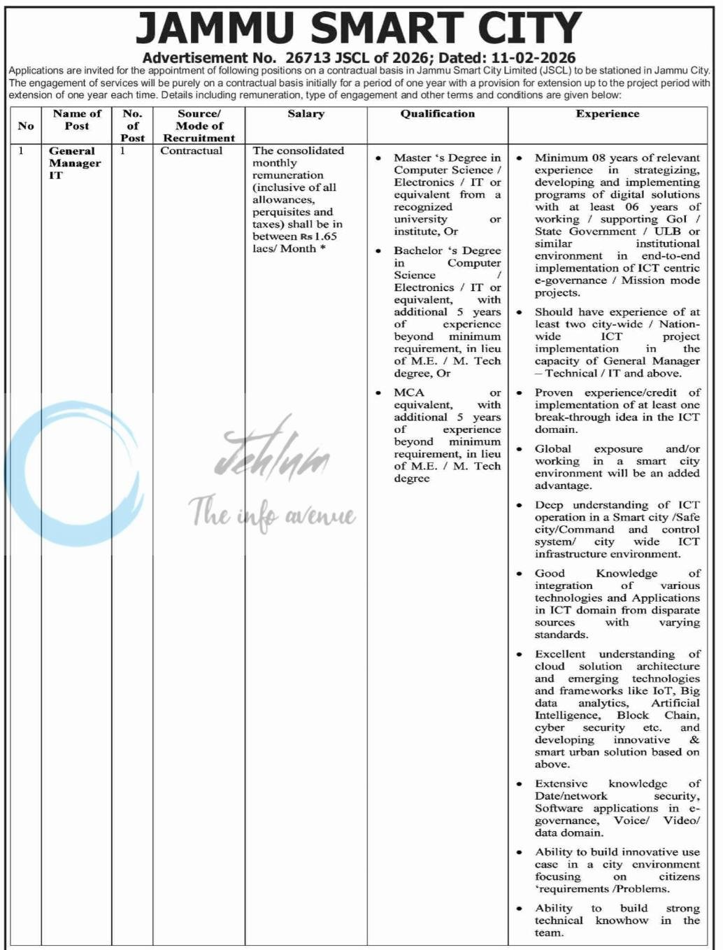 Jammu Smart City General Manager IT Recruitment Advertisement No 26713 JSCL of 2026