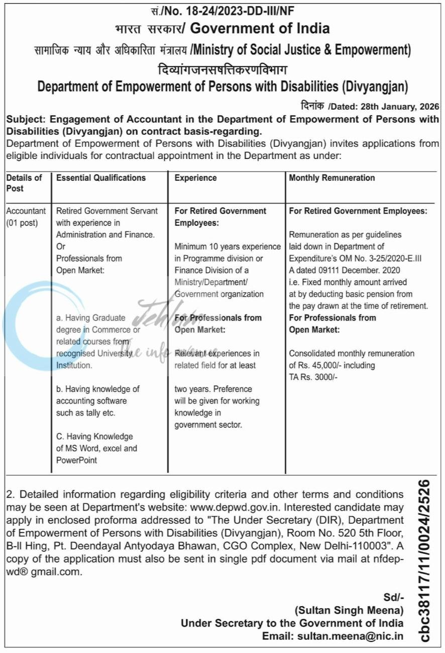 Department of Empowerment of Persons with Disabilities Divyangjan DEPWD Accountant Recruitment Advt No 18-24/2023-DD-III/NF 1 Department of Empowerment of Persons with Disabilities Divyangjan DEPWD Accountant Recruitment Advt No 18-24/2023-DD-III/NF