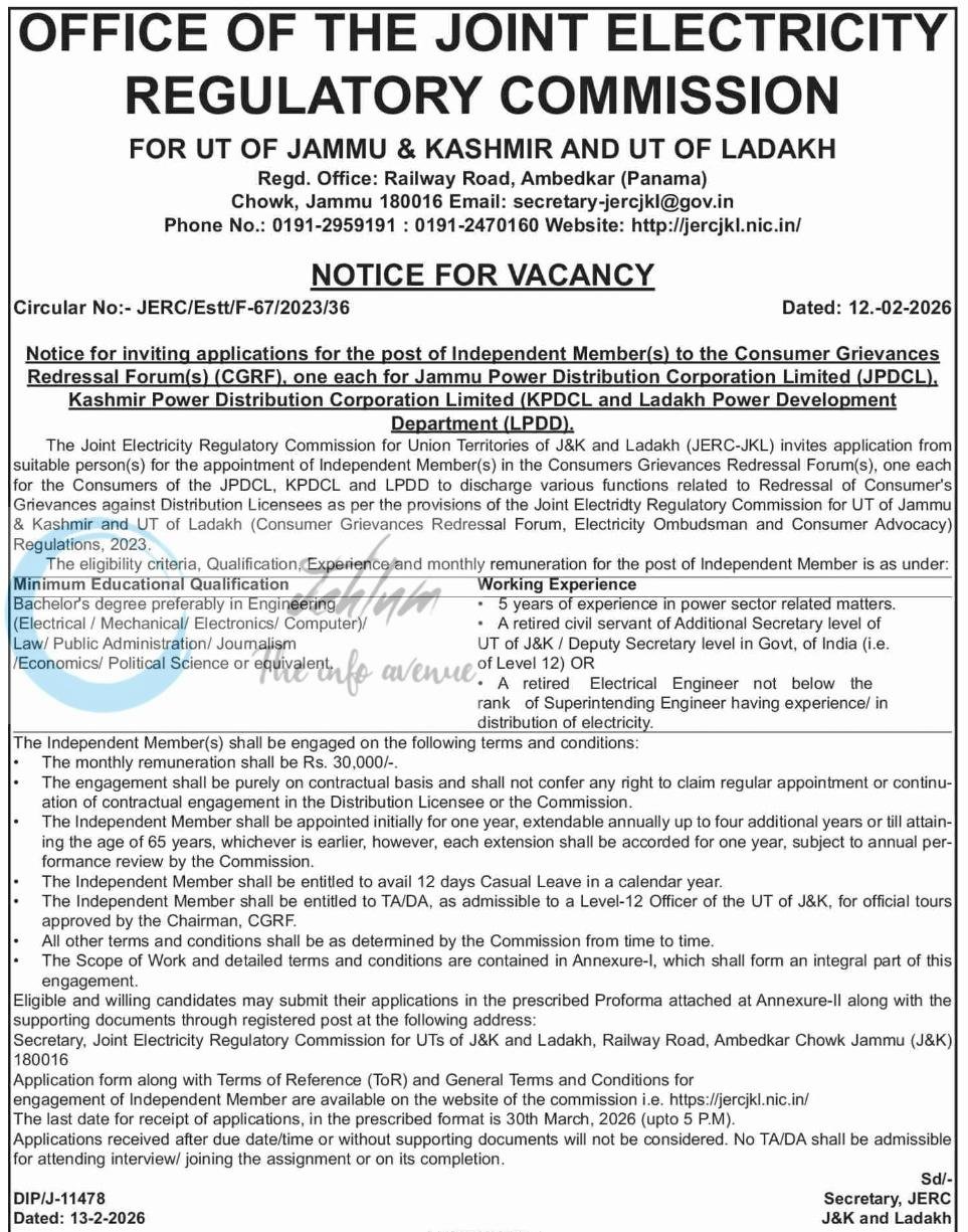 Joint Electricity Regulatory Commission JERC Jammu Independent Member Jobs Advertisement JERC/Estt/F-67/2023/36 1 Joint Electricity Regulatory Commission JERC Jammu Independent Member Jobs Advertisement JERC/Estt/F-67/2023/36