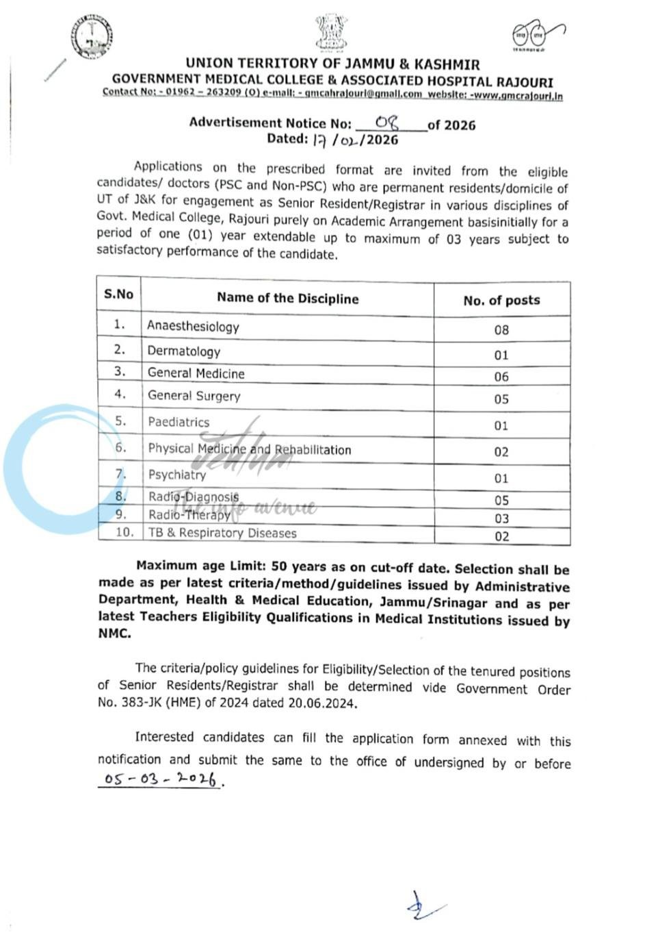 Govt Medical College GMC Rajouri Senior Resident Registrar Advertisement Notice No 08 of 2026