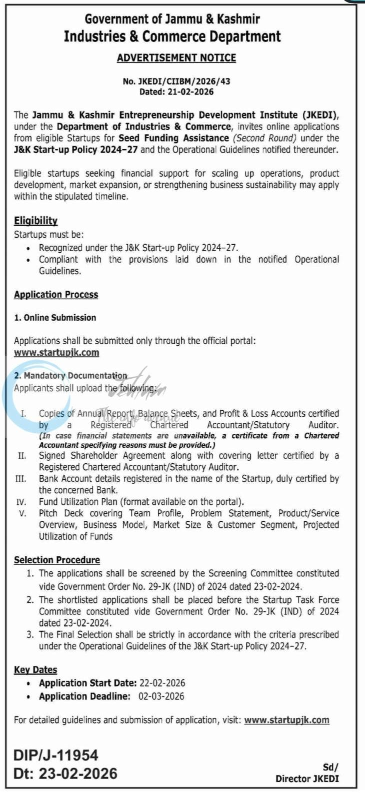 Jammu & Kashmir Entrepreneurship Development Institute JKEDI Srinagar Seed Funding Assistance Notification JKEDI/CIIBM/2026/43