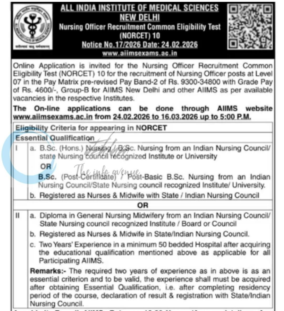 All India Institute of Medical Sciences AIIMS New Delhi NORCET Nursing Officer Posts Notice No 17/2026