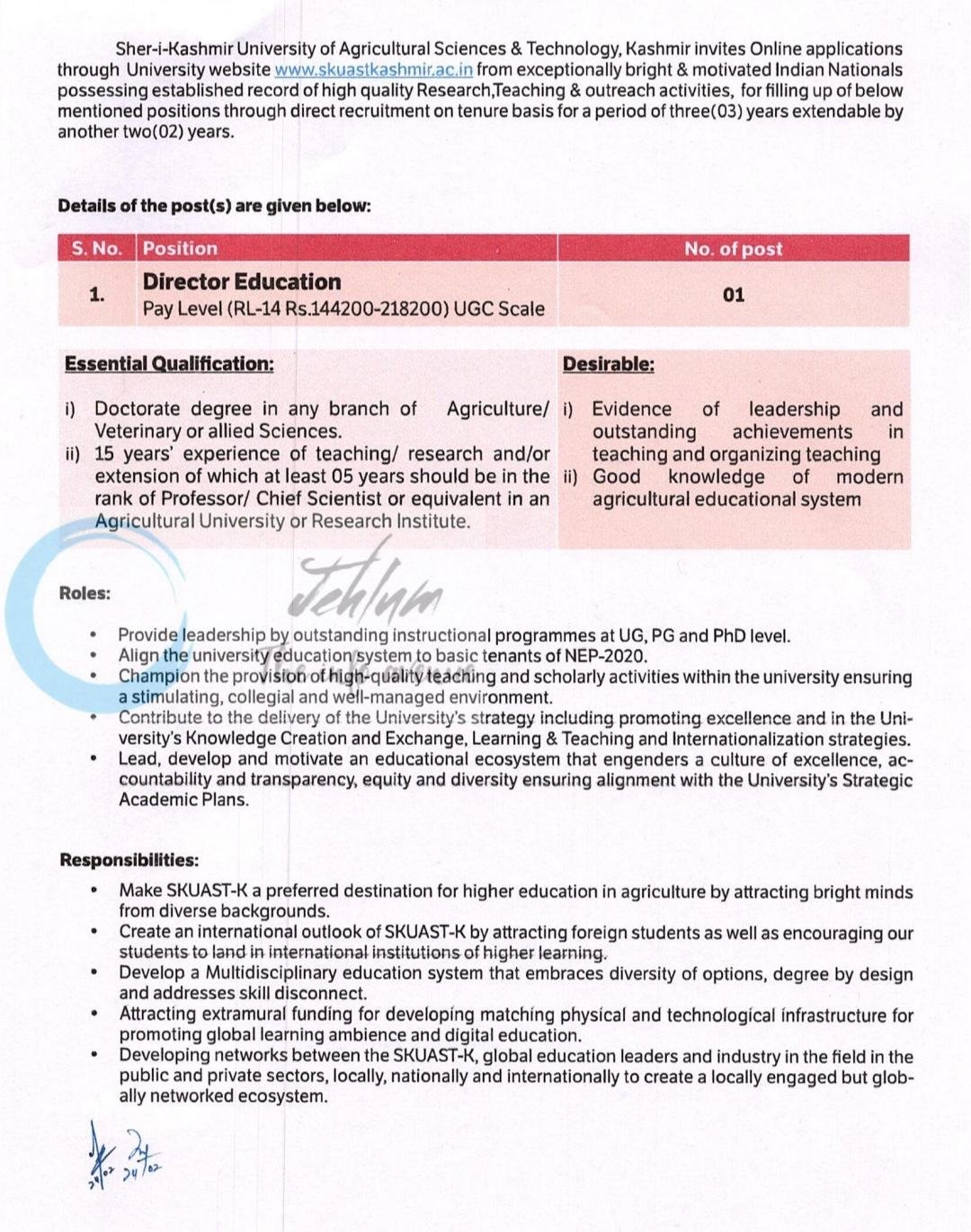 SKUAST-K Srinagar Director Recruitment Advertisement Notice No 02 of 2026 1 SKUAST-K Srinagar Director Recruitment Advertisement Notice No 02 of 2026