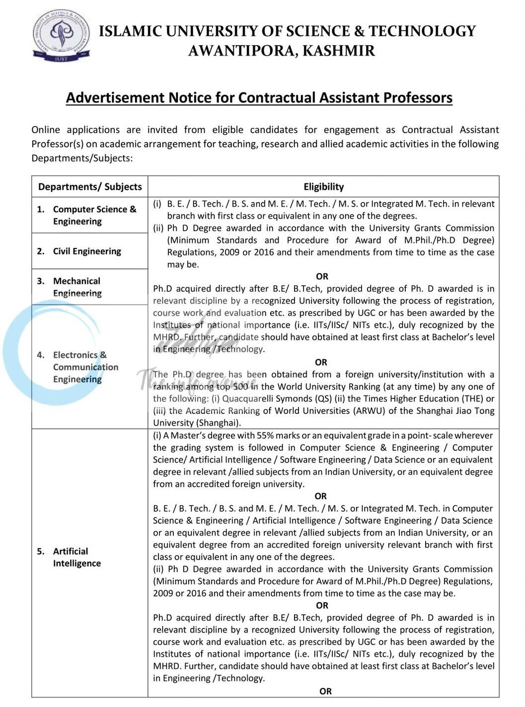 Islamic University of Science & Technology IUST Awantipora Contractual Assistant Professors Recruitment Advt 2026 1 Islamic University of Science & Technology IUST Awantipora Contractual Assistant Professors Recruitment Advt 2026