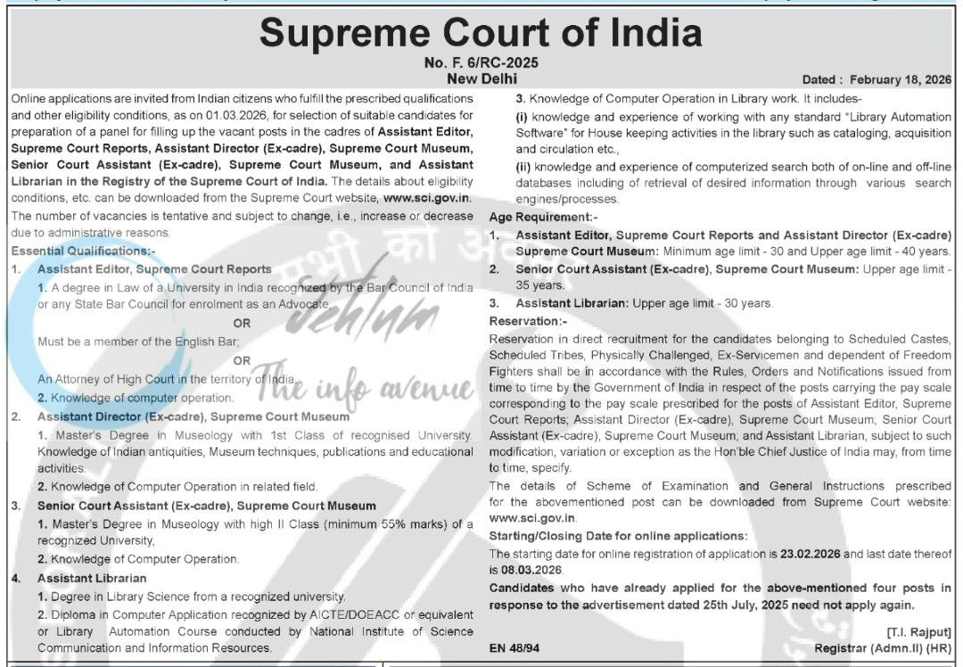 Supreme Court of India Employment Advertisement Notice F6/RC-2025