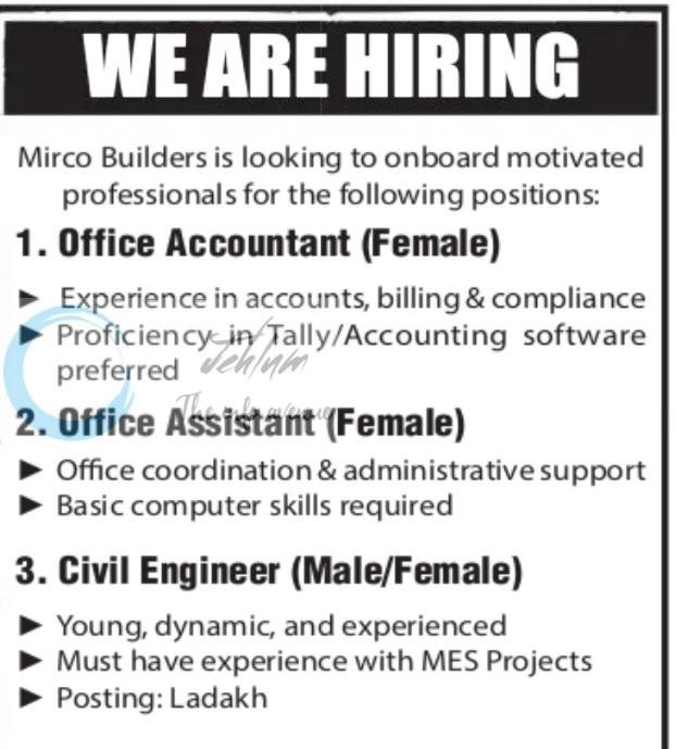 Mirco Builders MB Ladakh Office Accountant Office Assistant/Civil Engineer job opportunities 2026