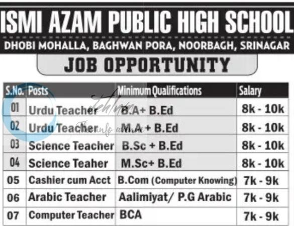 Ismi Azam Public High School IAPHS Srinagar teaching job opportunities 2026