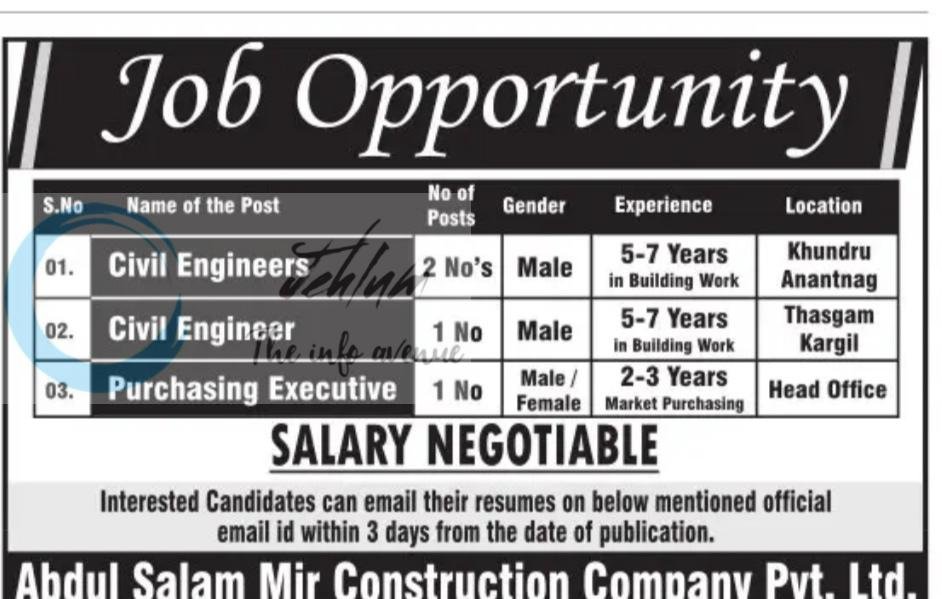 Abdul Salam Mir Construction Company Pvt Ltd ASMCC Anantnag Civil Engineers/Purchasing Executive job opportunities 2026