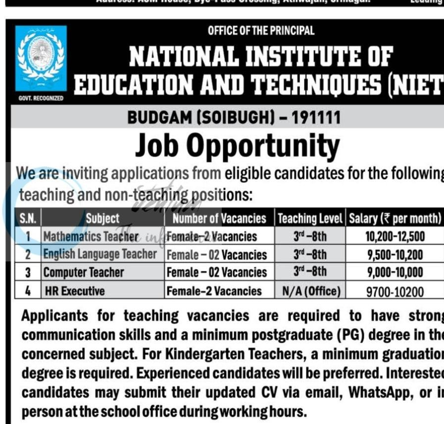 National Institute of Education and Techniques NIET Budgam teaching job opportunities 2026