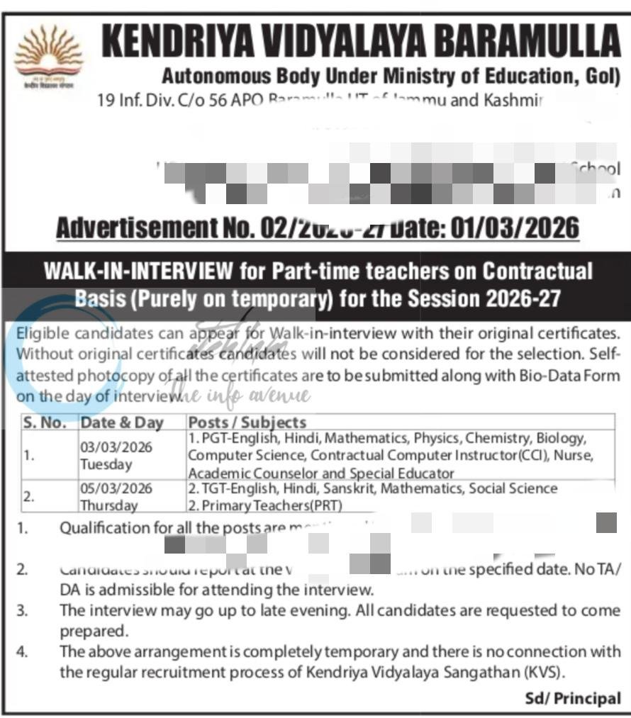 Kendriya Vidyalaya KVB Baramulla teaching job opportunities notice 02/2026-27