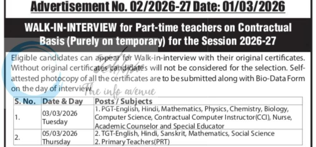 Kendriya Vidyalaya KV Baramulla Jobs Advertisement No 02/2026-27