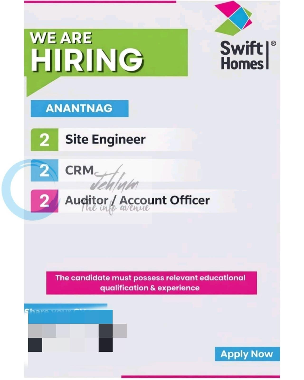 Swift Homes Anantnag Site Engineer/CRM/Auditor/Account Officer job opportunities 2026