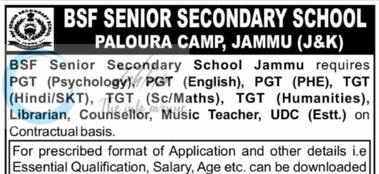 BSF Senior Secondary School Jammu Jobs Vacancies Advt 2026