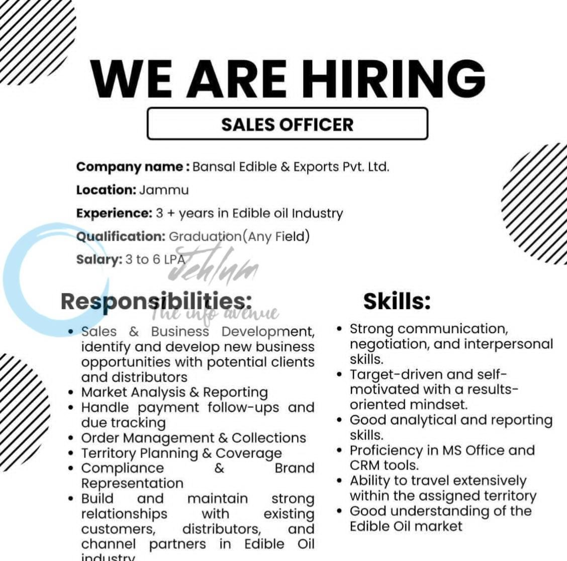 Bansal Edible & Exports Pvt Ltd Jammu Sales Officer Job Opportunities 2026