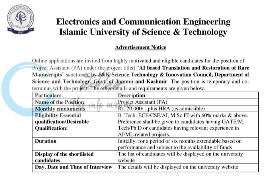 Islamic University of Science & Technology IUST Kashmir Deptt of Electronics and Communication Engineering Project Assistant Recruitment Advertisement IUST/ECE/DITSS_Advertisement/26/88 1 IUST Kashmir Deptt of Electronics and Communication Engineering Project Assistant Recruitment Advertisement IUST/ECE/DITSS_Advertisement/26/88
