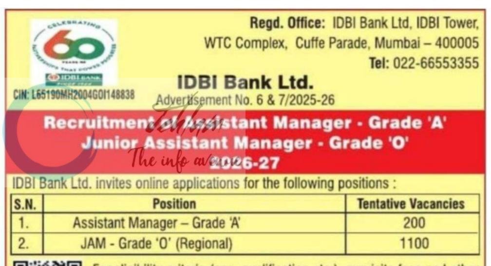 IDBI Bank Ltd Assistant Manager/ Junior Assistant Manager Recruitment Advertisement No 6 & 7/2025-26