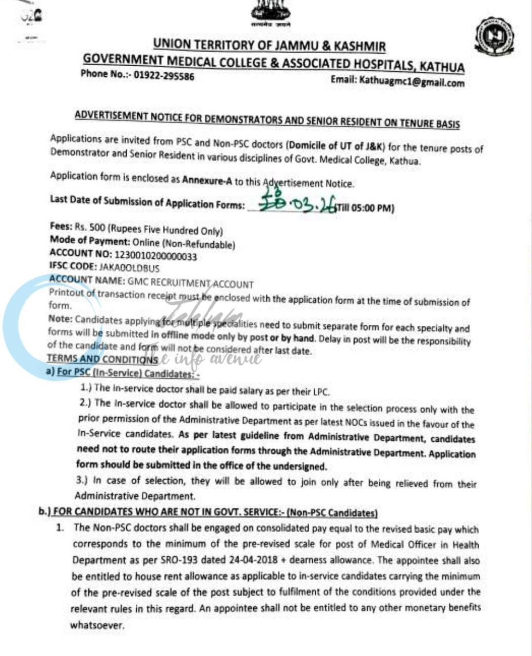 Government Medical College GMC Kathua Demonstrators Senior Resident employment opportunities notice GMCK/Advt-G/2025-26/19