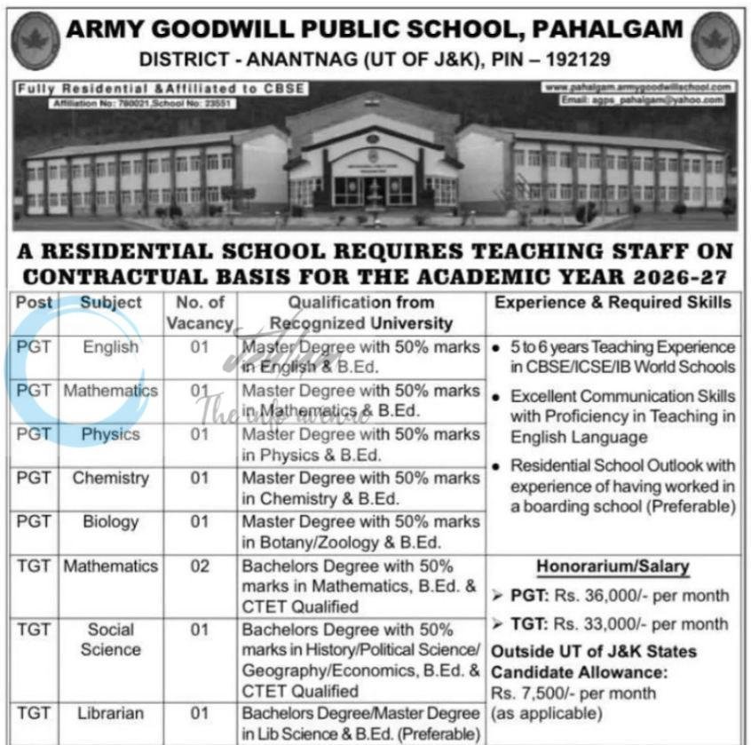 Army Goodwill Public School AGPS Pahalgam teaching job opportunities 2026