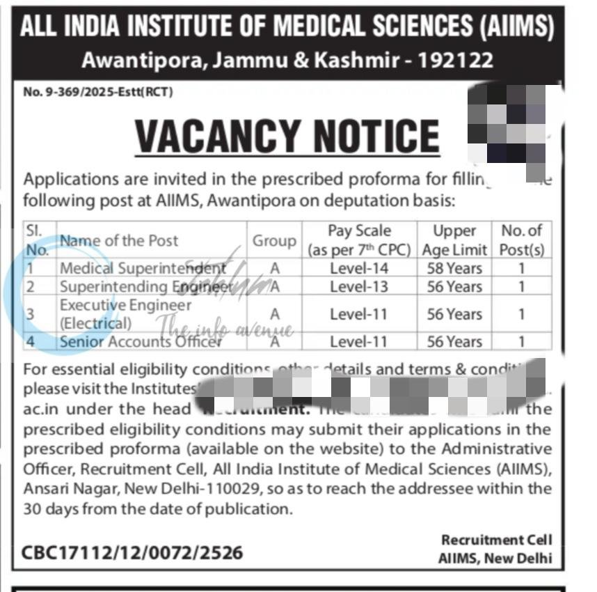 All India Institute of Medical Sciences AIIMS Awantipora Medical Superintendent employment opportunities notice 9-369/2025-Estt/RCT