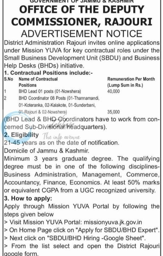 Mission YUVA SBDU BHD Rajouri Contractual opportunities 2026