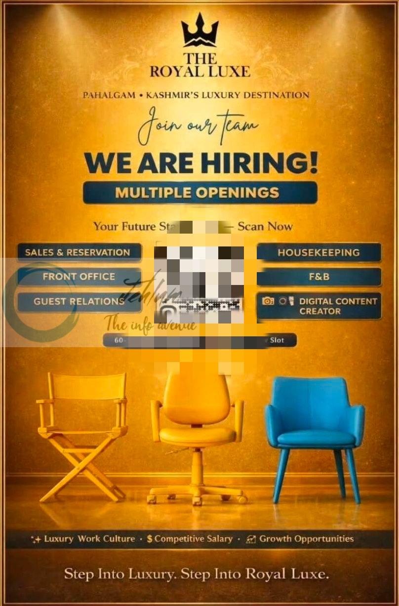 The Royal Luxe TRL Pahalgam Front Office Housekeeping FandB job opportunities 2026