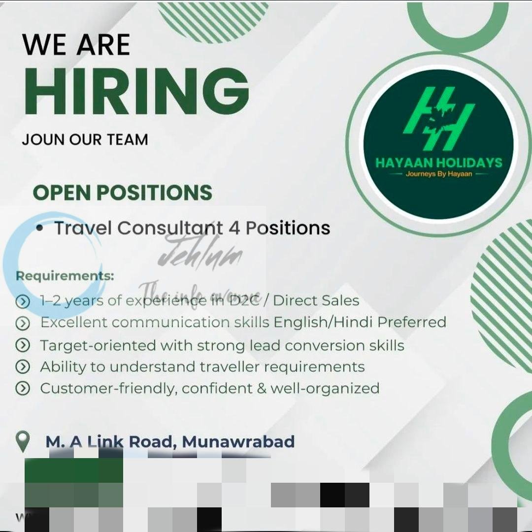 Hayaan Holidays Munawrabad Travel Consultant job opportunities 2026 1 Hayaan Holidays Munawrabad Travel Consultant job opportunities 2026