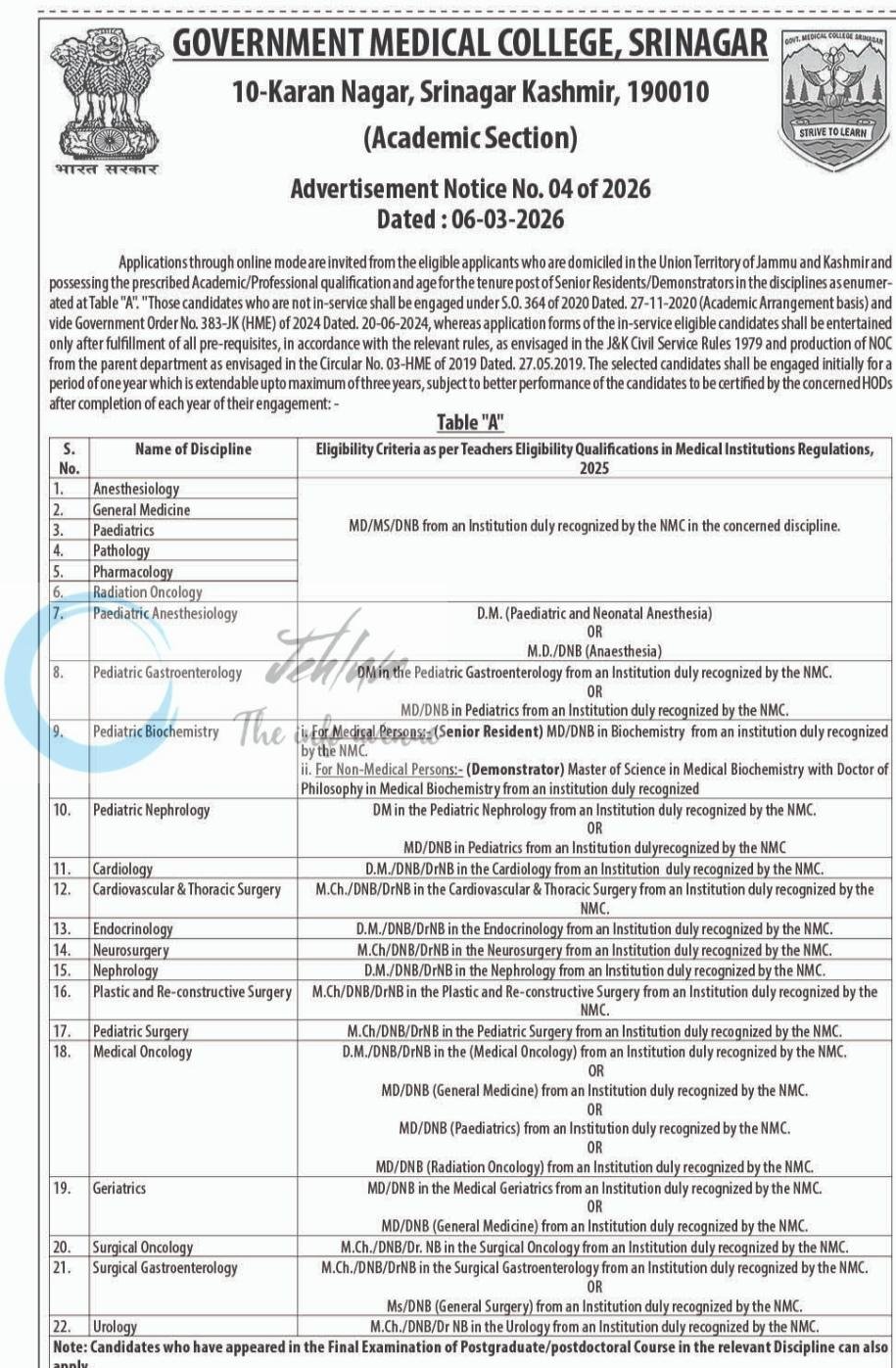 Government Medical College GMC Srinagar Senior Residents/Demonstrators job opportunities Notice 04 of 2026 1 Government Medical College GMC Srinagar Senior Residents/Demonstrators job opportunities Notice 04 of 2026