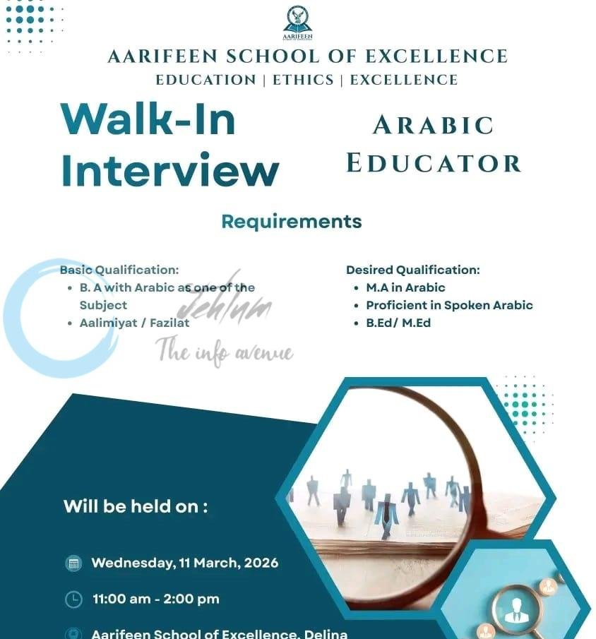 Aarifeen School of Excellence ASE Delina Arabic Educator job opportunities 2026