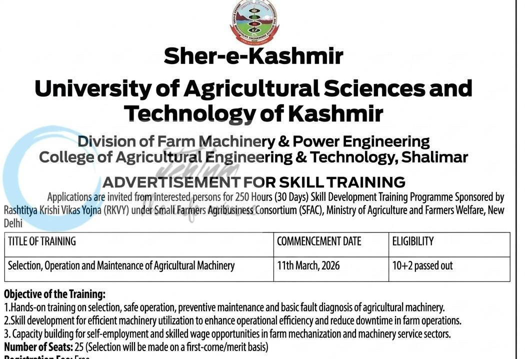 Sher-e-Kashmir University of Agricultural Sciences and Technology of Kashmir SKUAST-K Shalimar Skill Training opportunities notice DIPK-NB-3514-25