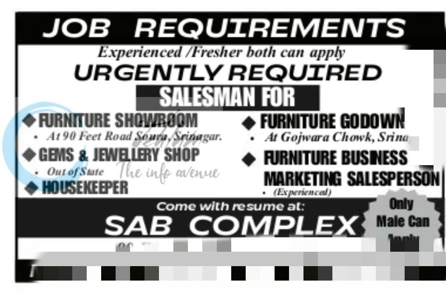 SAB Complex Srinagar Salesman Marketing Housekeeper job opportunities 2026