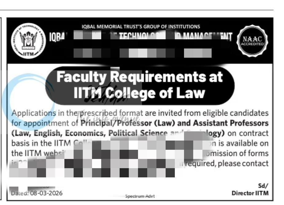 Iqbal Institute of Technology and Management IITM College of Law Srinagar faculty job opportunities 2026