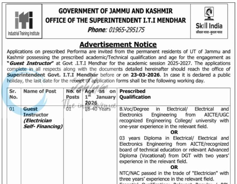 Govt ITI Mendhar Guest Instructor/ Electrician Jobs Advertisement DIP/J-12521 2026