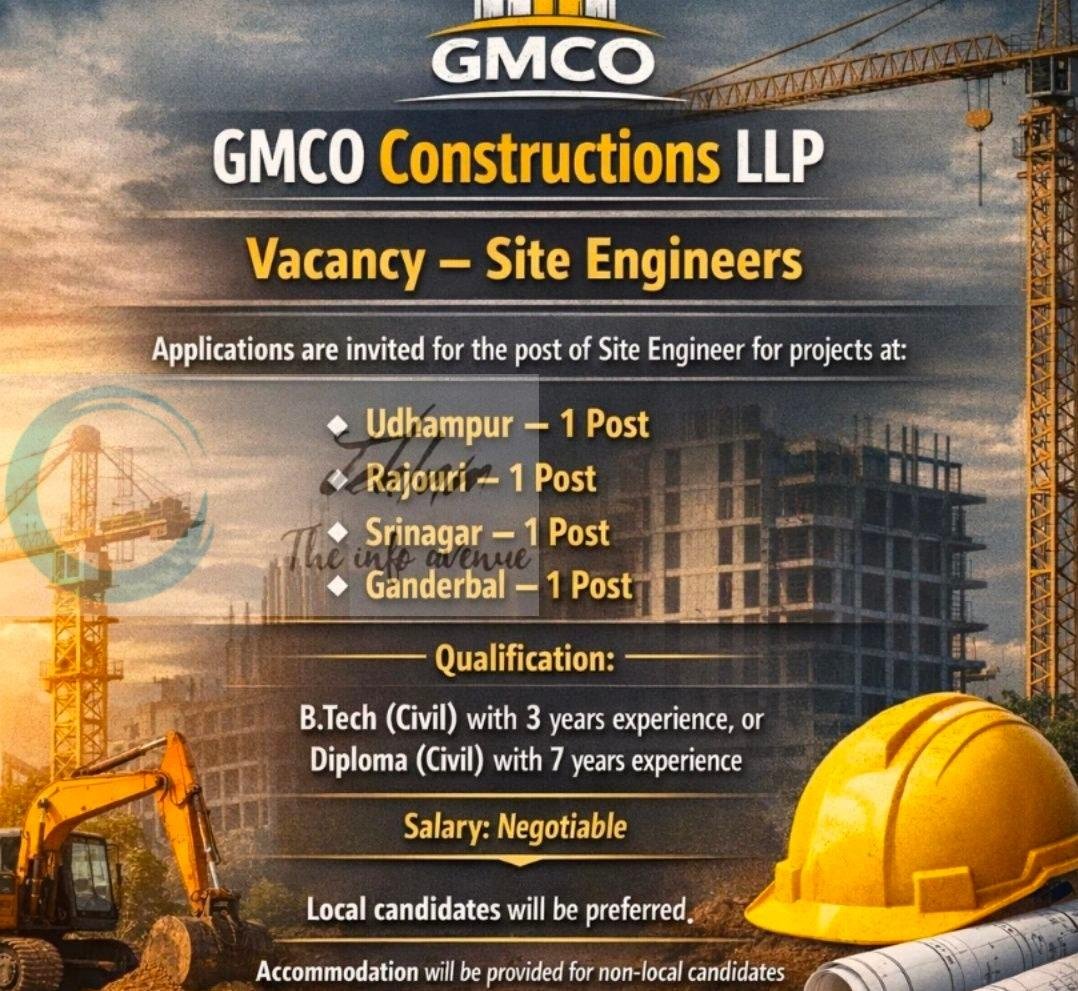 GMCO Constructions LLP Site Engineer Udhampur/Rajouri/Srinagar job opportunities 2026